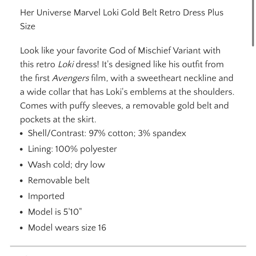 Her Universe 18 Marvel Loki Gold Belt Retro Dress Plus Size 2X NWT - Picture 4 of 7